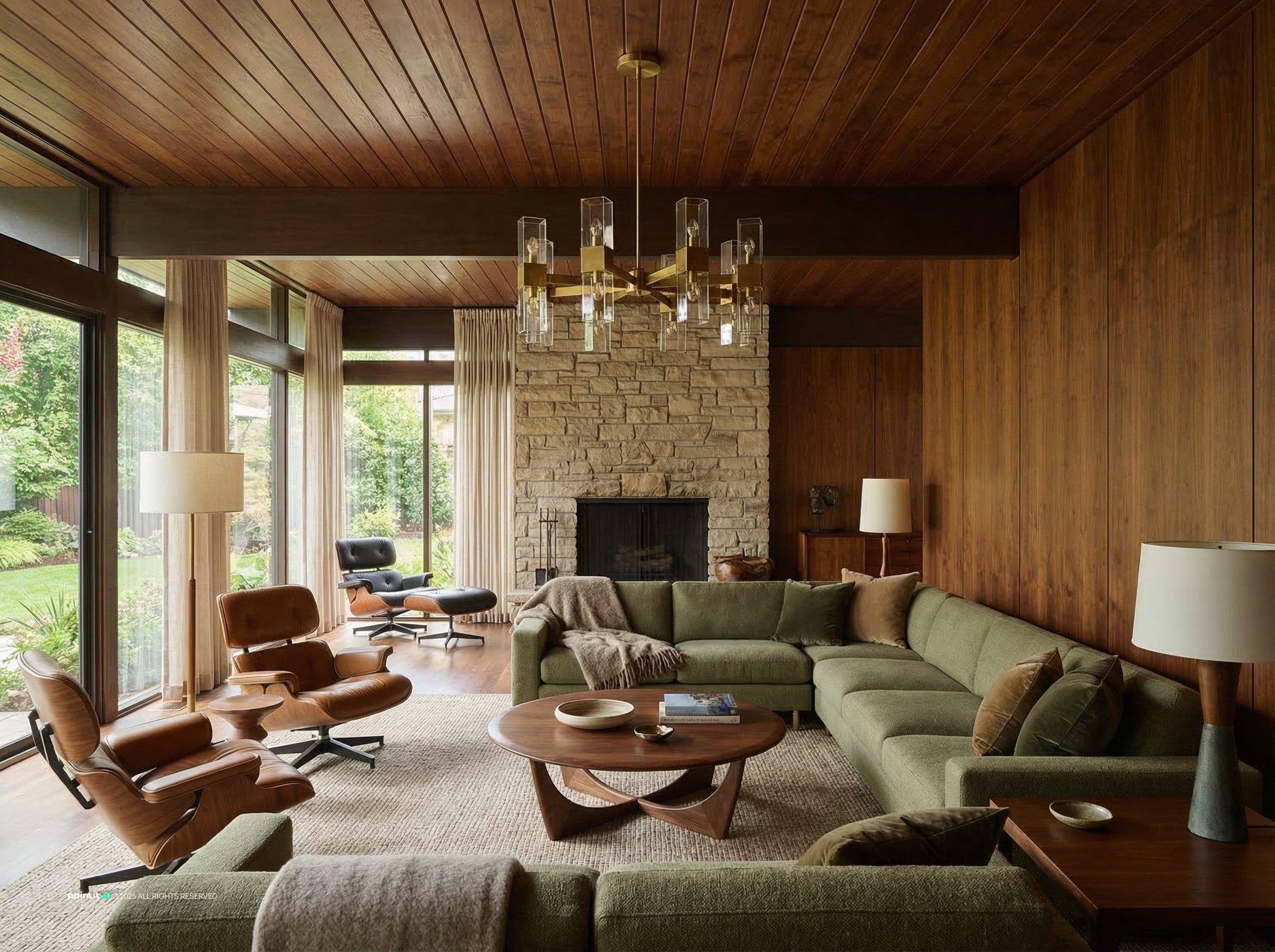 Earthy living room with an olive sectional, a stone fireplace, a timber ceiling and garden views