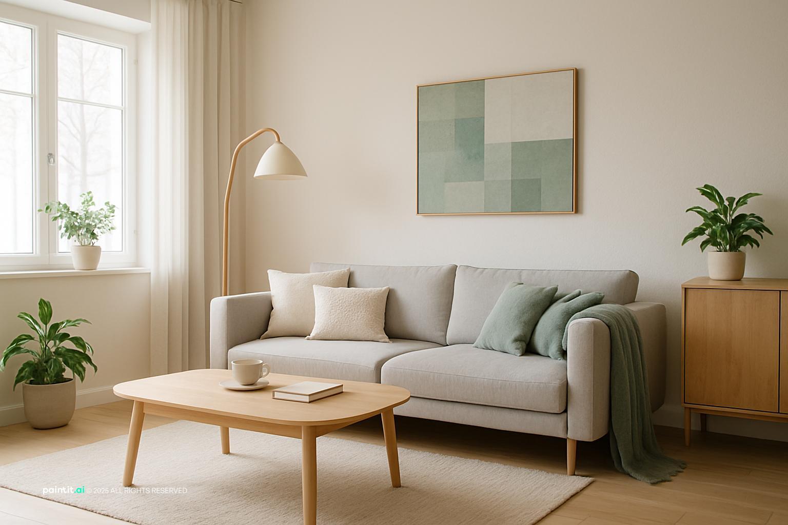 Minimalist European living room with warm white palette and light wood furniture