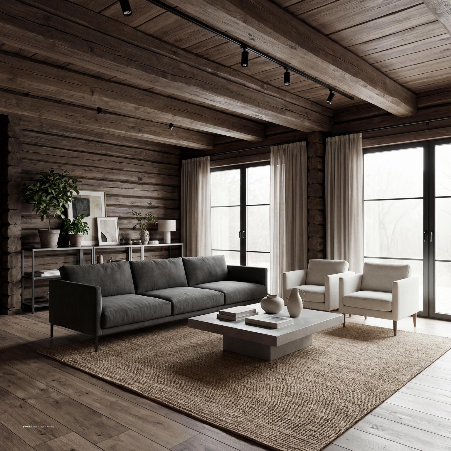Modern farmhouse cabin interior with log walls and contemporary furniture