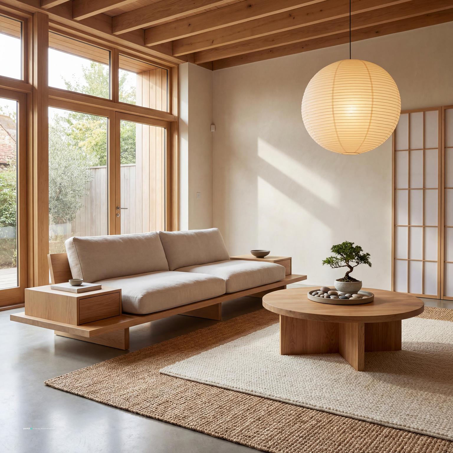 Serene Japandi-style light yellow living room design, blending Japanese minimalism with Scandinavian warmth and natural elements.