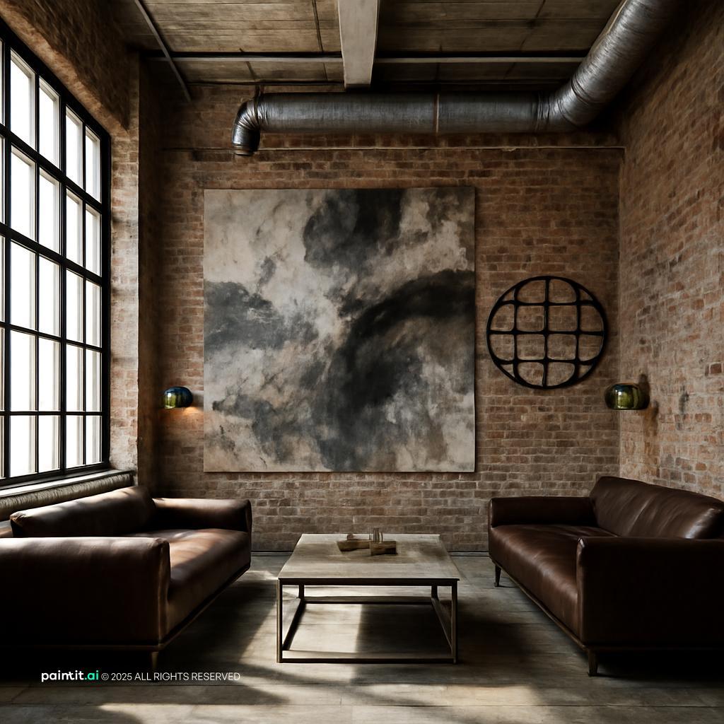 Loft living room with two dark brown leather sofas, a brick wall and a large abstract painting