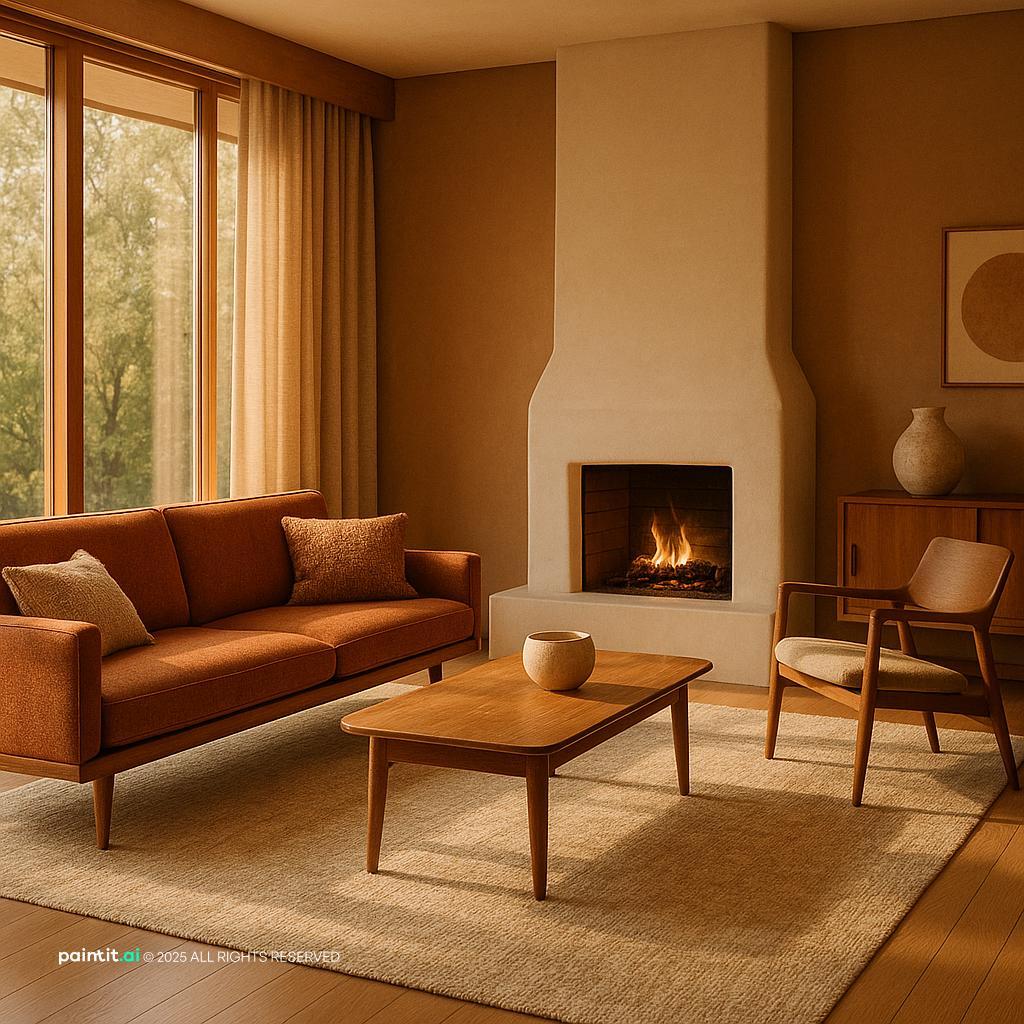 Midcentury Modern Living Room Design showing cozy softness, soft textiles, clean-lined furniture for Cozy Living Room Ideas.