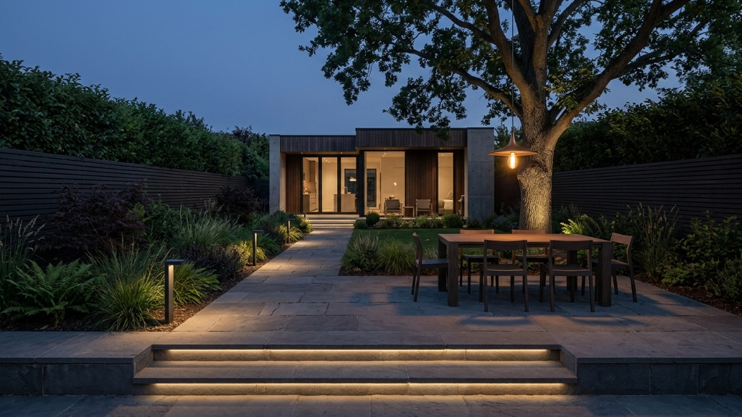 Backyard patio visualization with shielded path lights, step lights, dining light, and a subtle tree uplight.