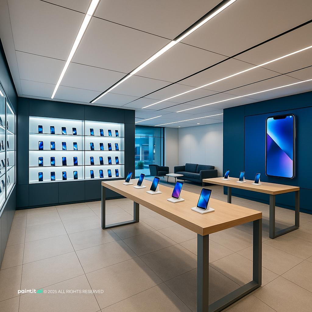 Modern mobile store interior with product wall display