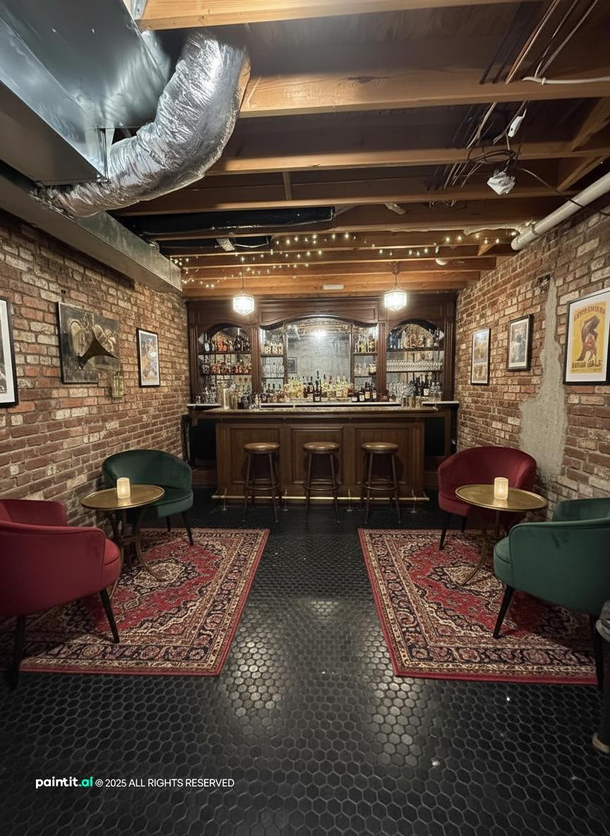 Basement home bar with exposed ducts, a lit back bar, Persian rugs and leather armchairs