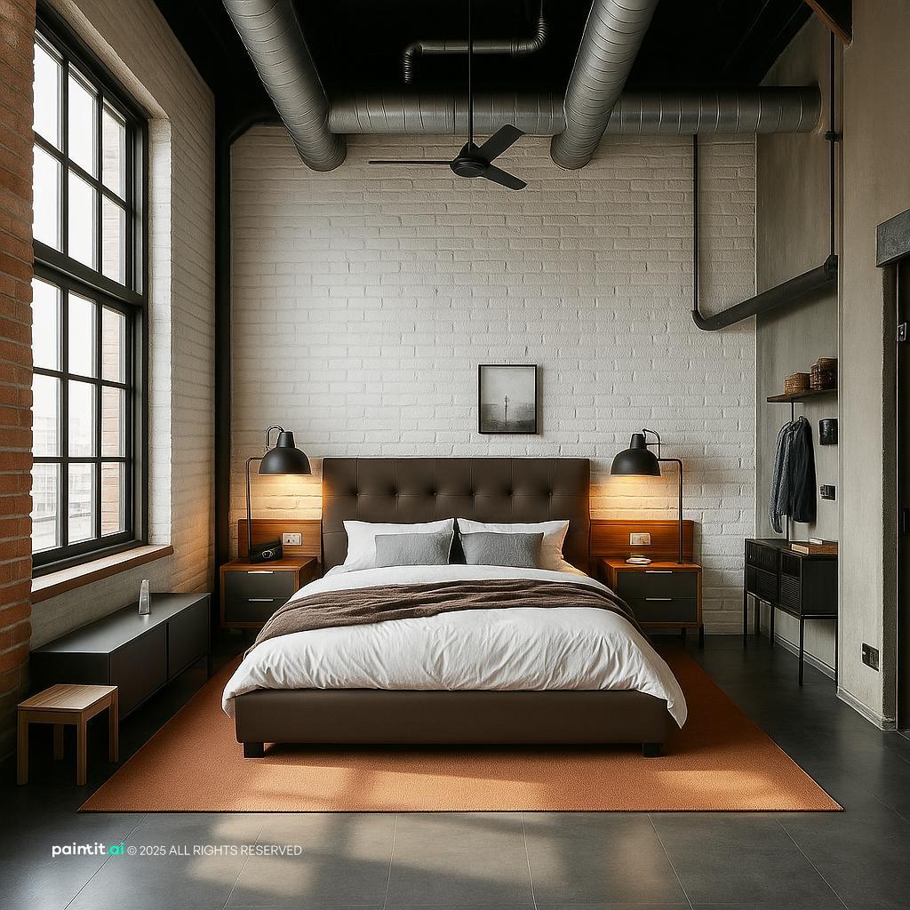 Industrial bedroom with white-painted brick, exposed ducts, large windows and warm brown bedding
