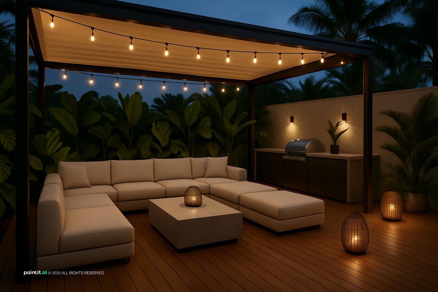 Outdoor living room on a deck under a pergola with string lights, a sectional and tropical plants