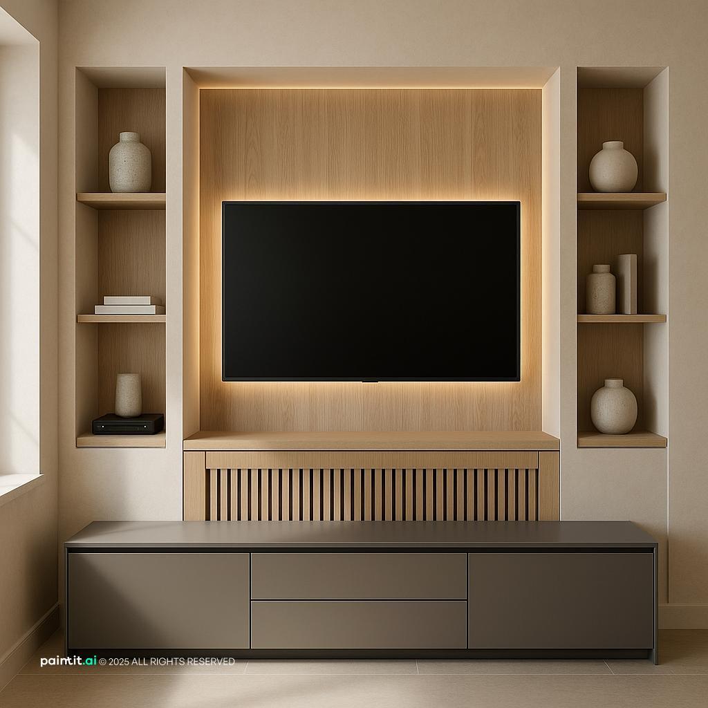 Modern TV Wall Design for Luxury Living Rooms showing wall paneling detail, warm wood, layered neutrals for Living Room Wall Paneling Ideas.