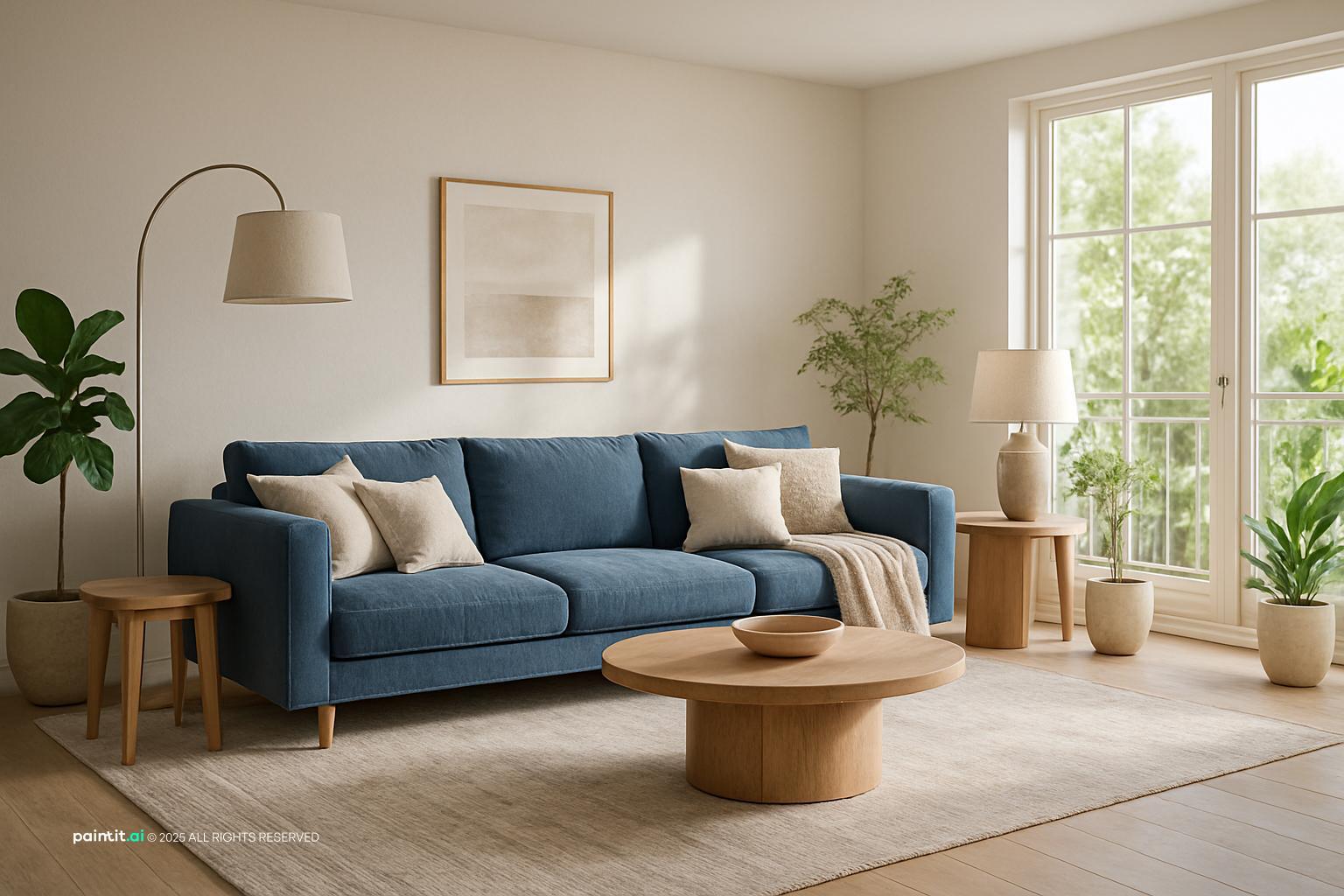 Bright living room with a navy sofa, a round wooden coffee table and an arc lamp