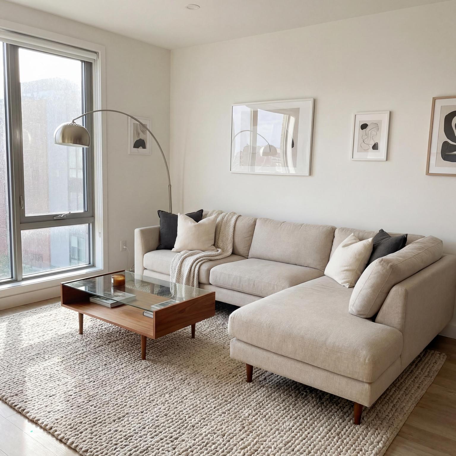 Modern square living room design ideas featuring a versatile sectional sofa, optimizing seating and creating distinct zones in a symmetrical layout.