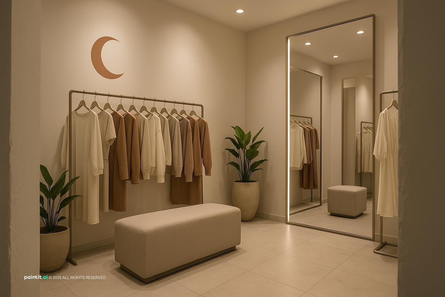 Small clothing store with focused spot lighting on rails, a round mirror and an upholstered bench