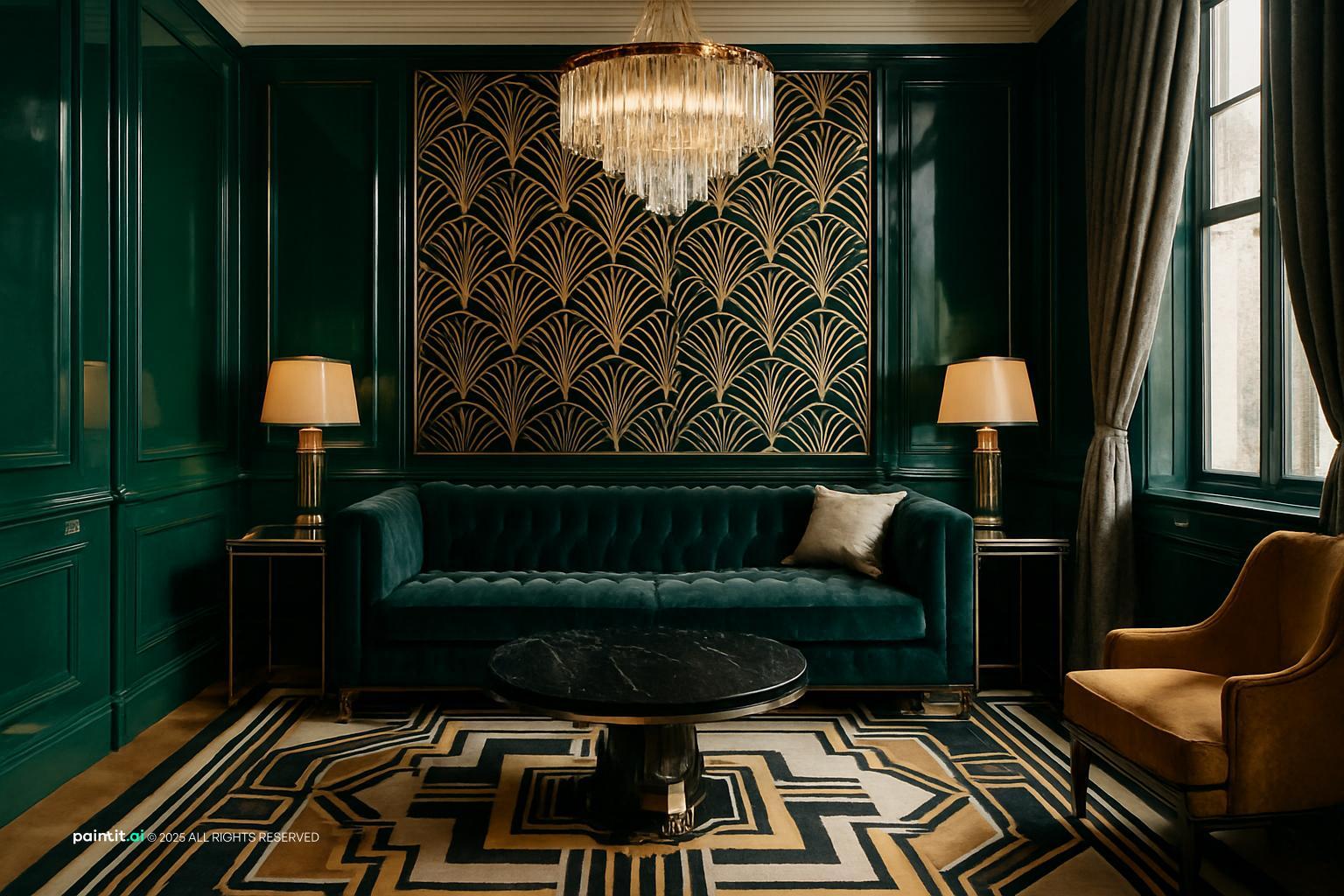 Emerald-paneled living room with gold fan-pattern wallpaper, a crystal chandelier and a green velvet sofa