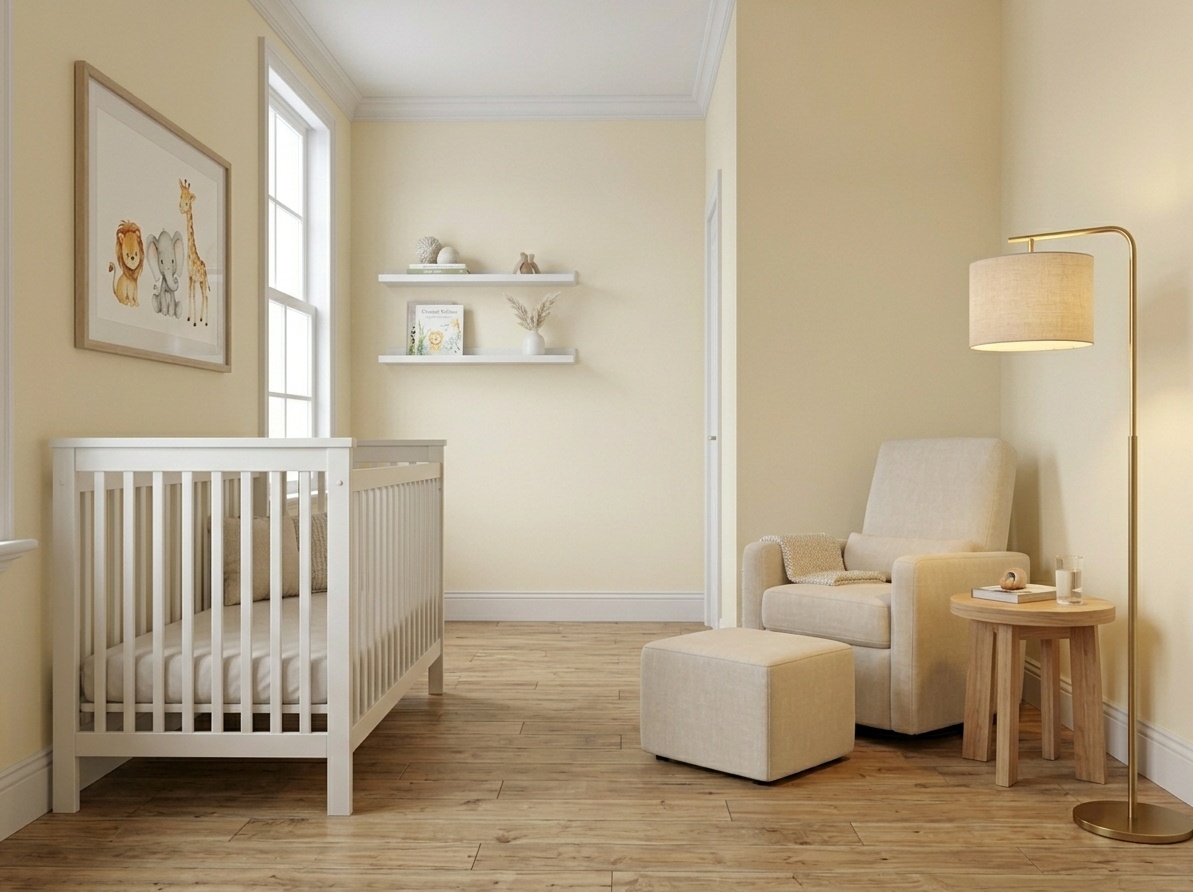 Nursery layout with a nursing station opposite the crib for comfortable feeding