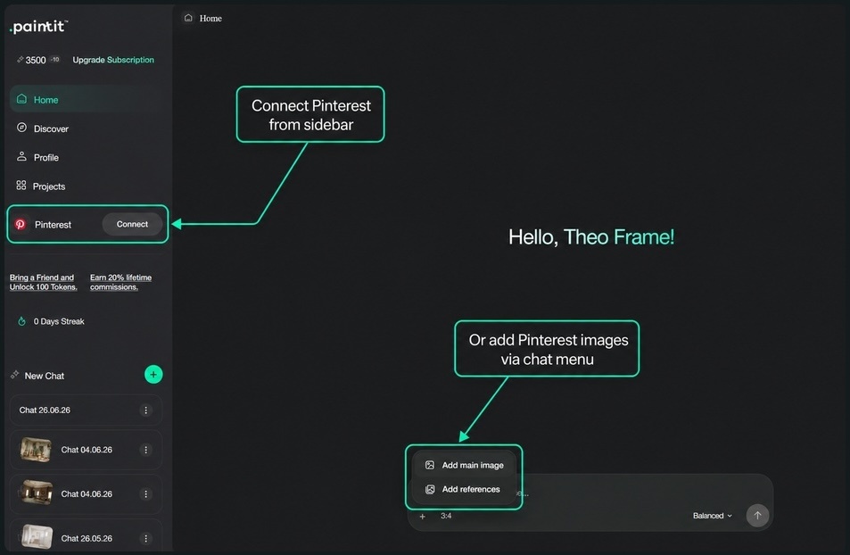 Paintit.ai interface showing Pinterest connection options from the sidebar and chat menu.