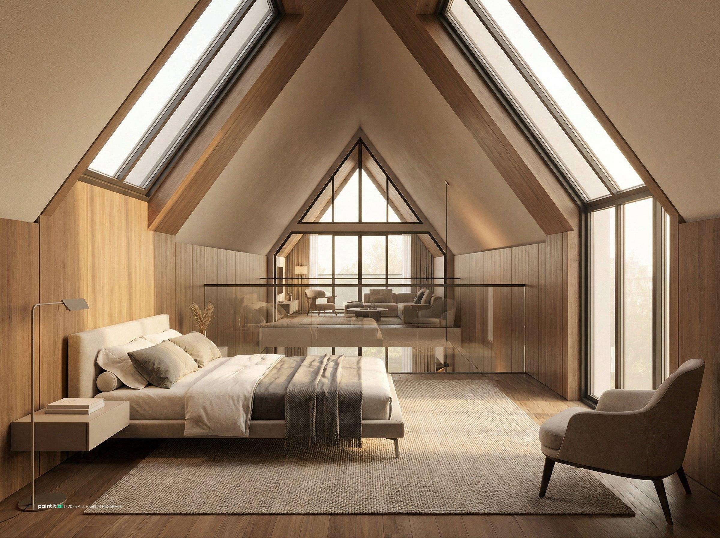 A-frame loft bedroom with pitched pale wood walls, skylights, a low bed and an armchair