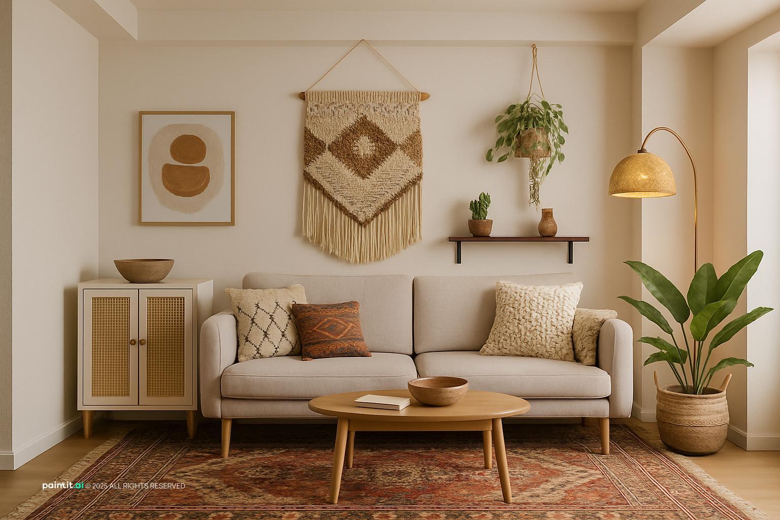Neutral boho living room with a white sofa, a macramé hanging and a wooden coffee table