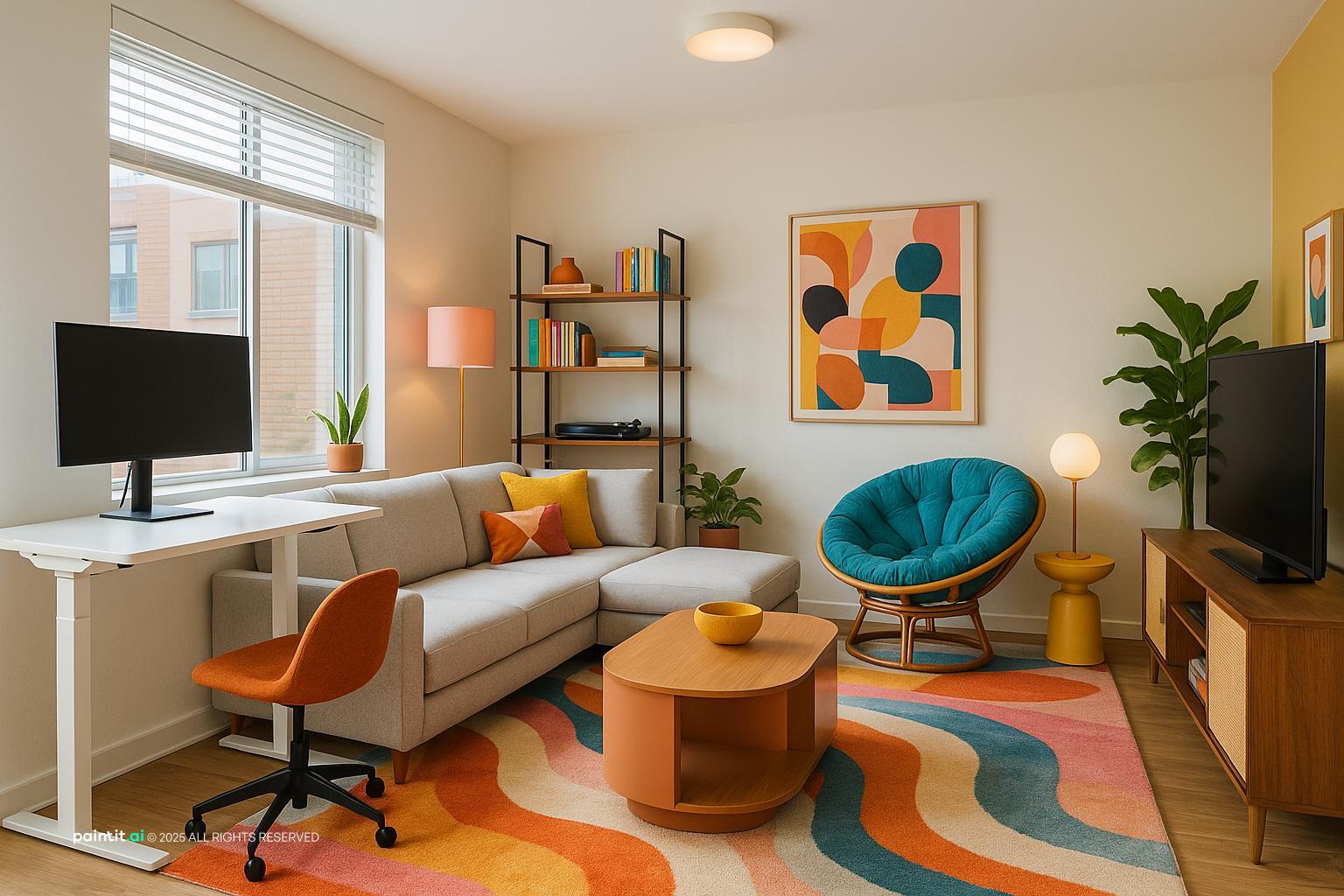 White With Colorful Living Room Design with warm lighting and a calm living room atmosphere.