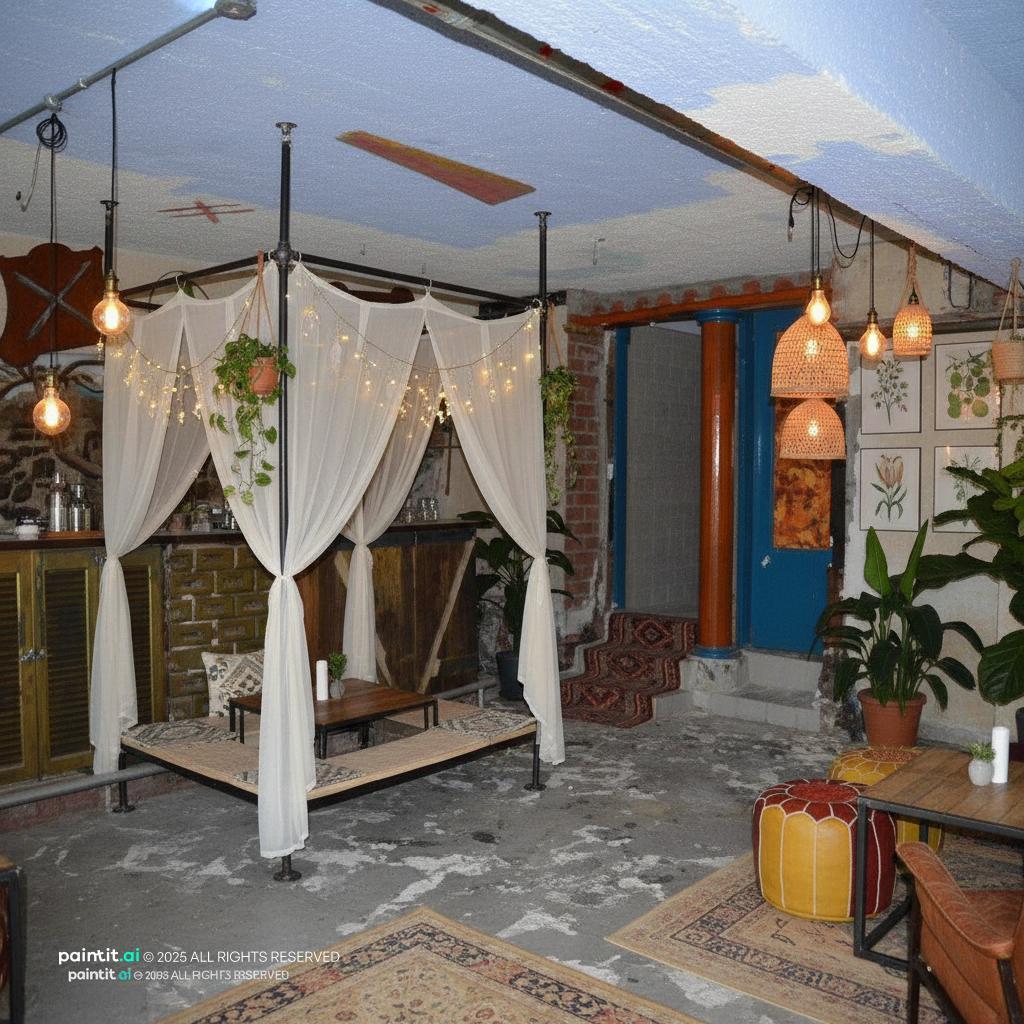 Cafe with draped canopy seating, colorful textiles, plants and industrial details