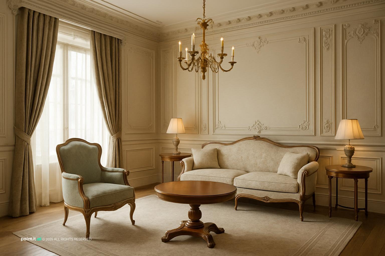 Living room with white wall molding, a chandelier, pale blue chairs and a round wooden table