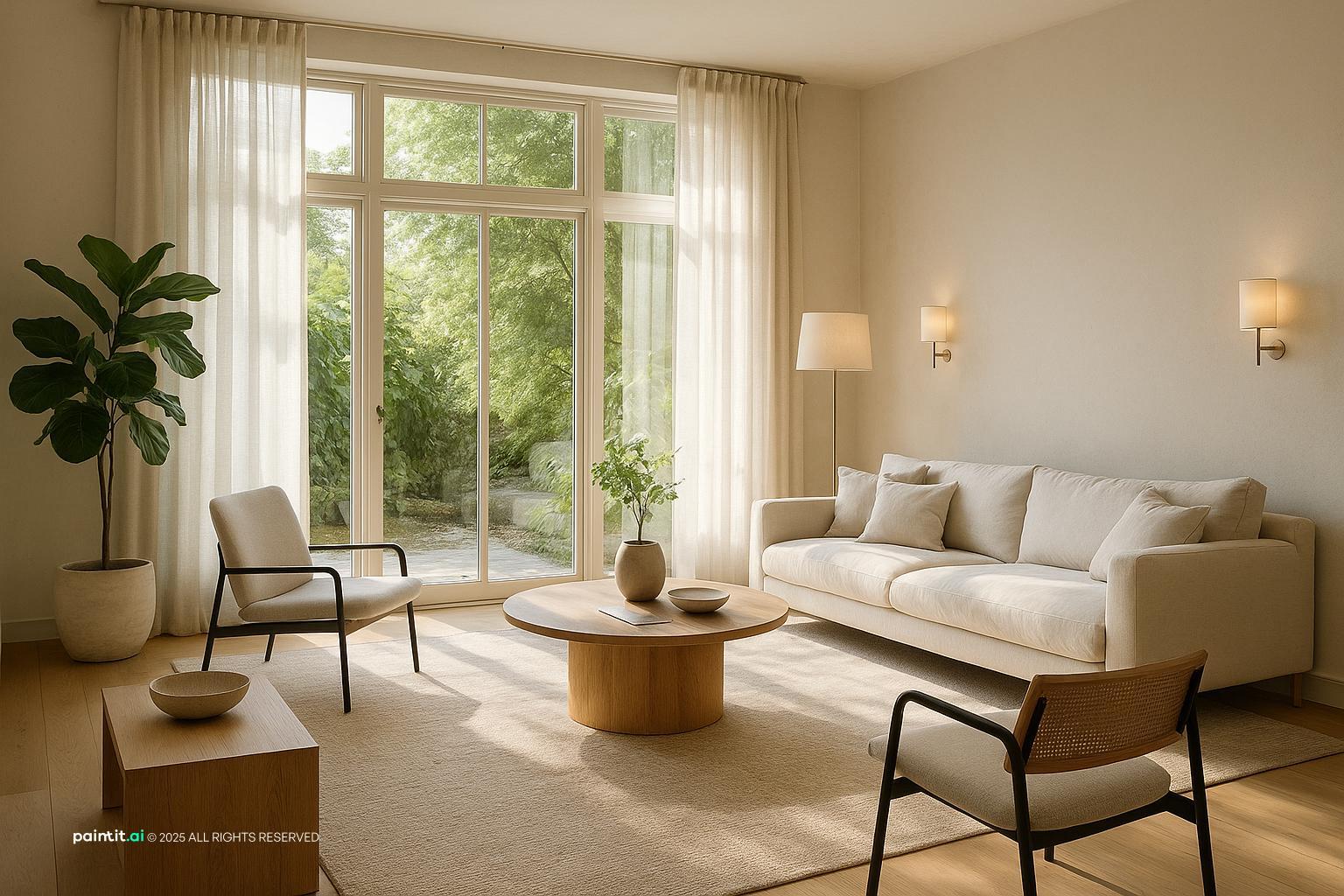 Chic, welcoming living room optimizing natural light with elegant white oak floors.