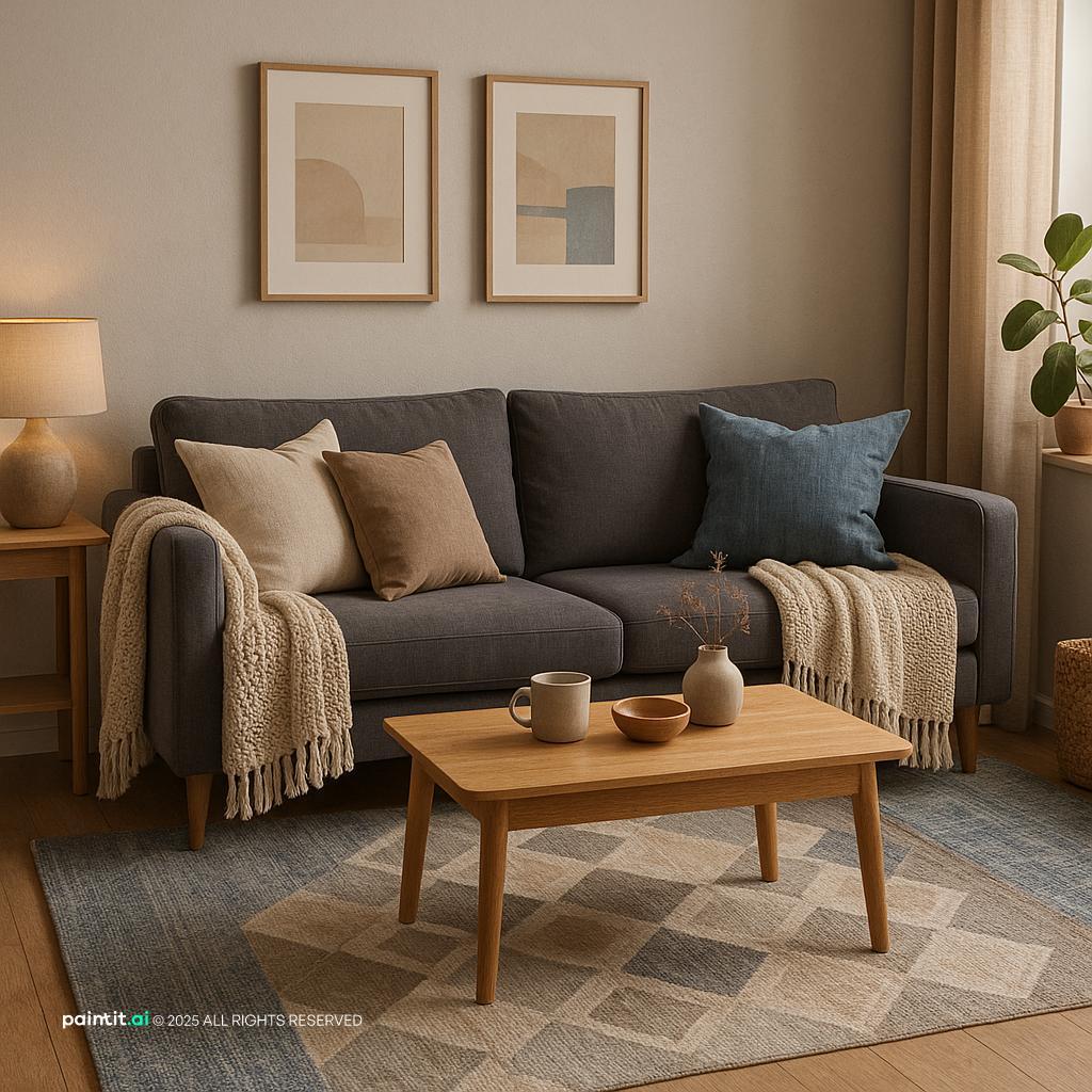 Cozy Modern Contemporary Living Room Design showing beige foundation, blue accents, layered neutrals for Beige and Blue Living Room Ideas.