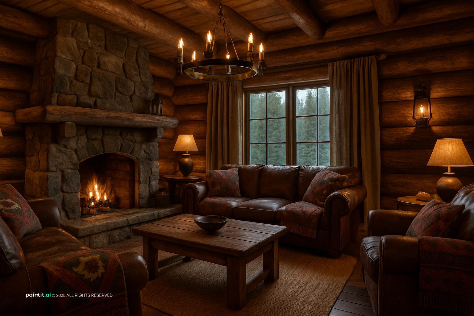 Log cabin living room with log walls, a stone fireplace, leather sofas and warm lamp light