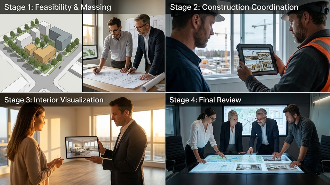 Development team reviewing site, floor plan, construction, and buyer-visualization inputs with AI support
