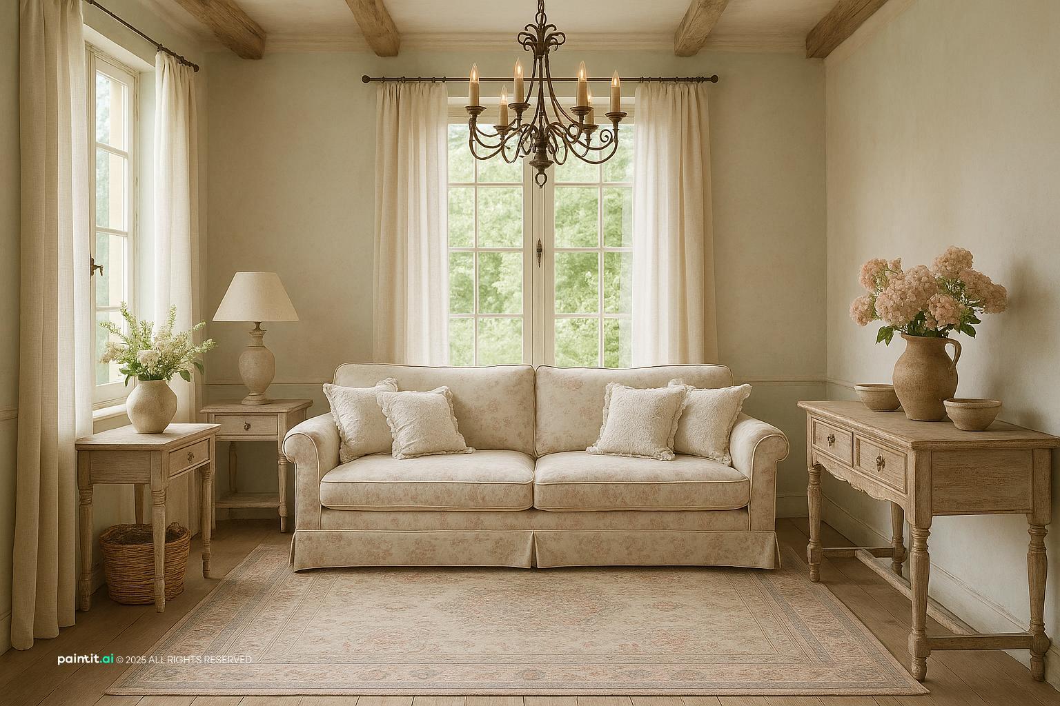 Charming French Country Living Room Design with linen and wood and a calm living room atmosphere.