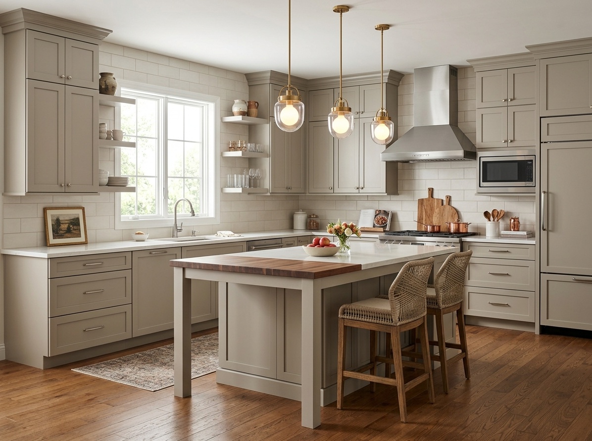 Transitional kitchen with warm greige shaker cabinets, brushed nickel hardware,  white quartz countertop, and medium oak brown floors