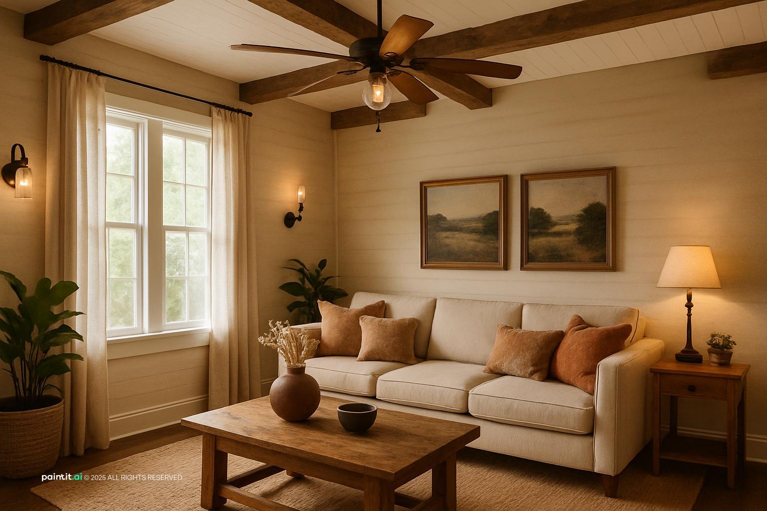 Living room with white-painted wood paneling, dark ceiling beams, a cream sofa and landscape paintings