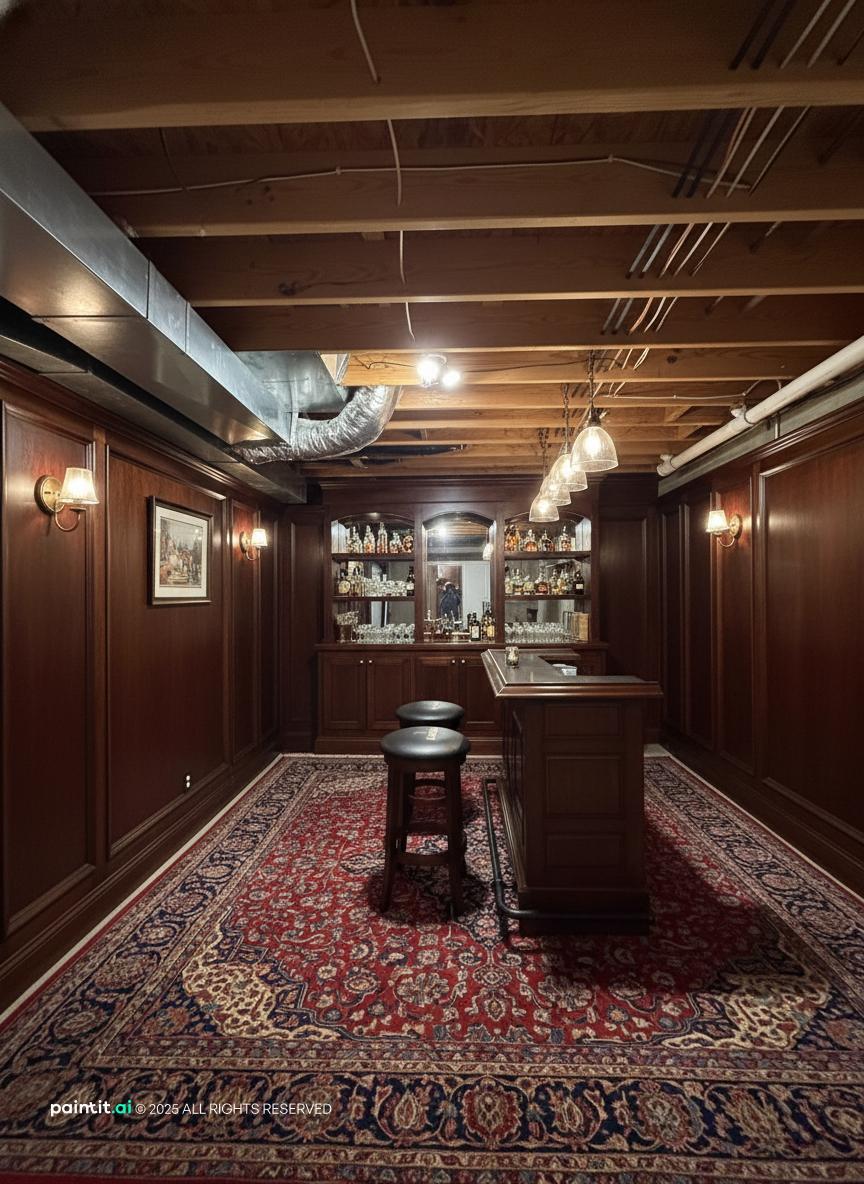 Basement speakeasy with dark wood paneling, a wooden bar, leather stools and a patterned rug