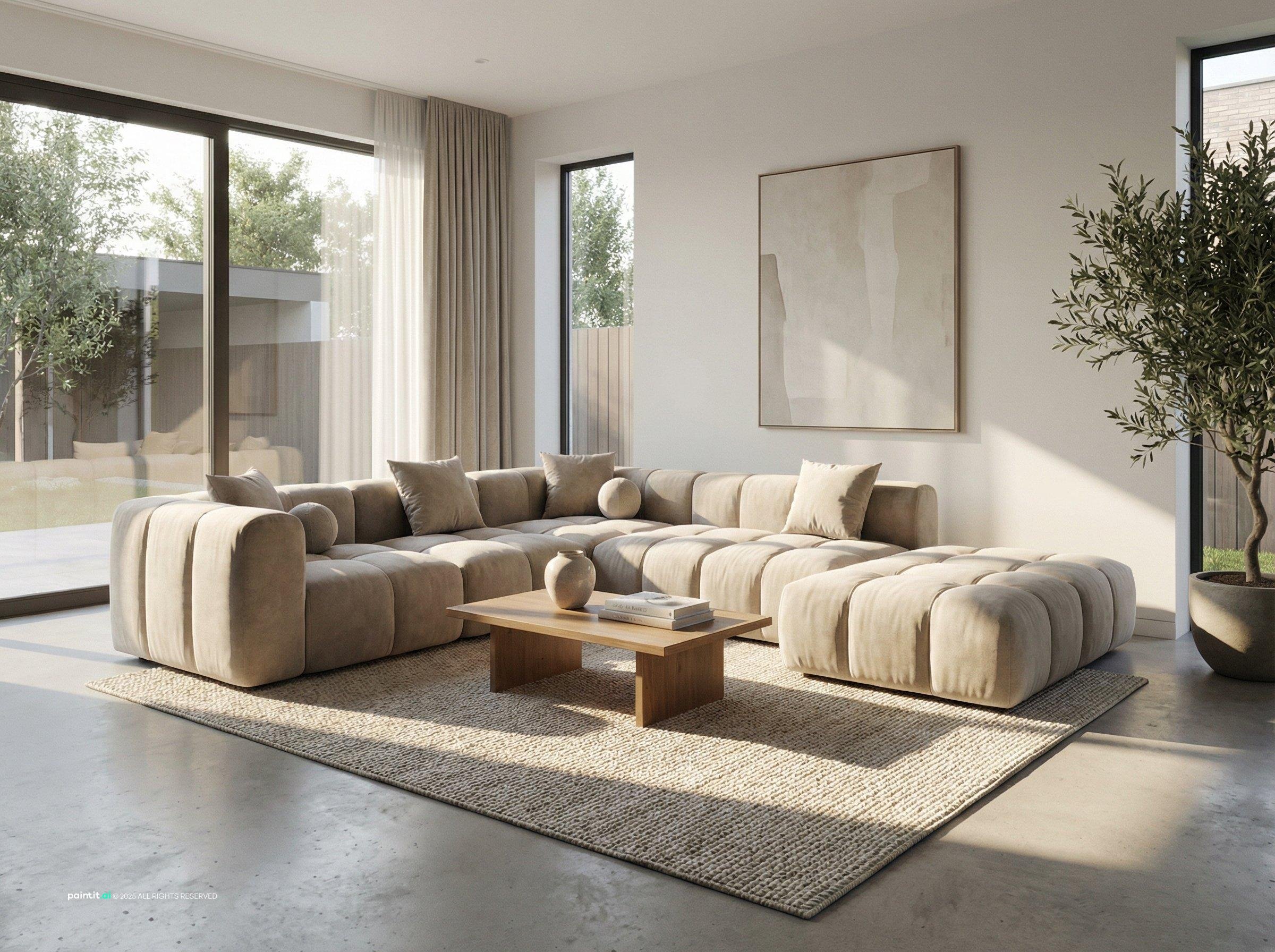 Living room with a deep modular cream sofa, a low wooden table and an olive tree