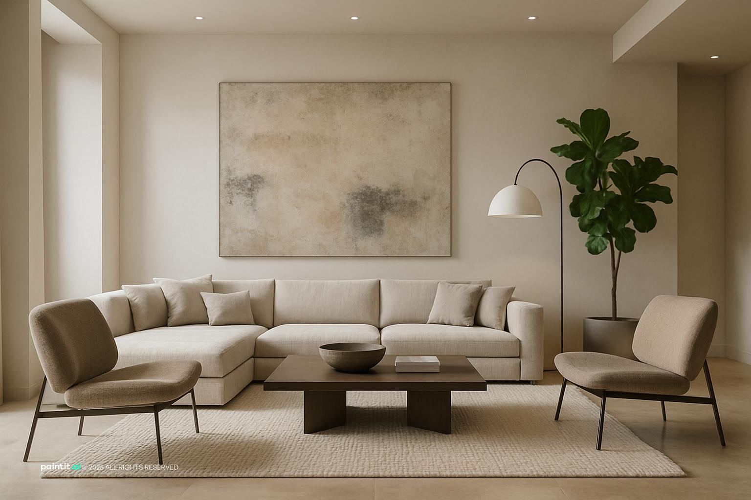 Living Room with Ceiling Lights and Floor Lamp Glow Scheme showing ceiling lights, floor lamp glow, plants and greenery for Living Room Lighting Ideas.
