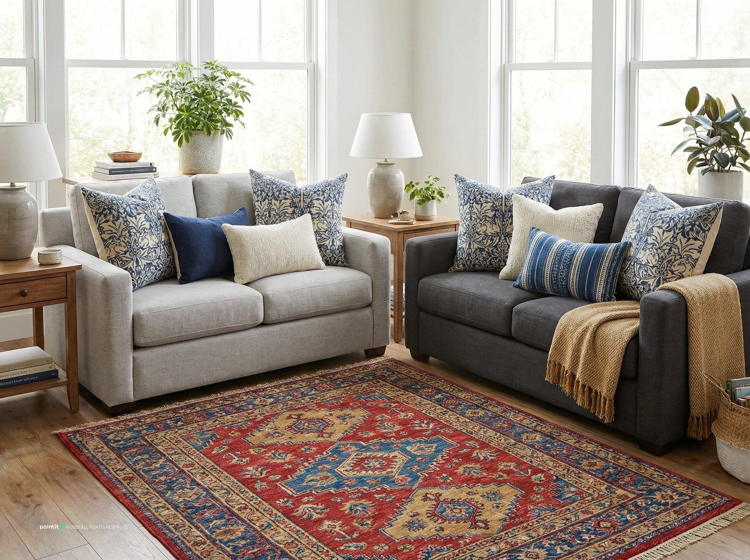 Living room with two sofas in an L on a red patterned rug, layered navy and white cushions and a wooden table