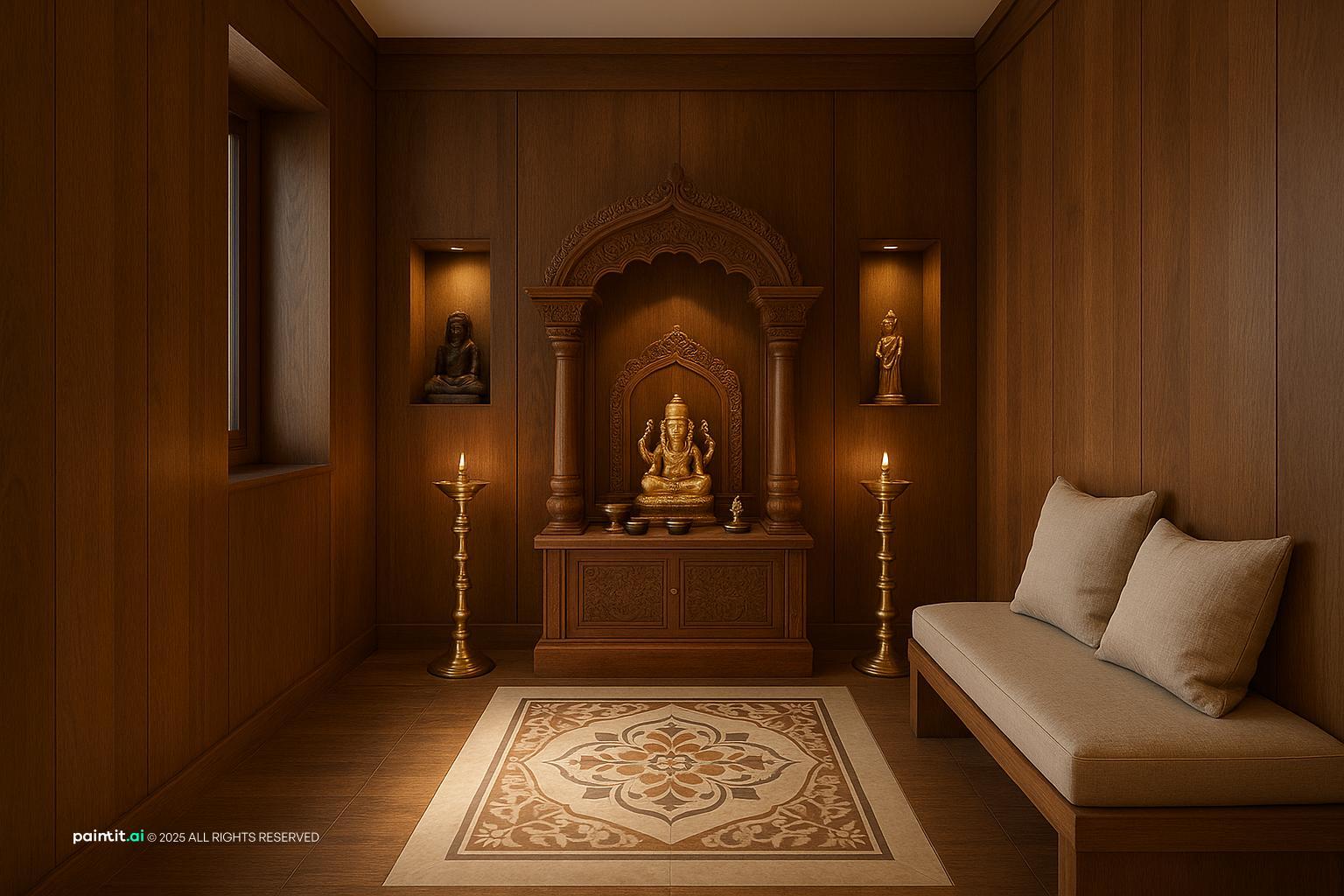 Pooja Room with statement lighting and bold wallpaper