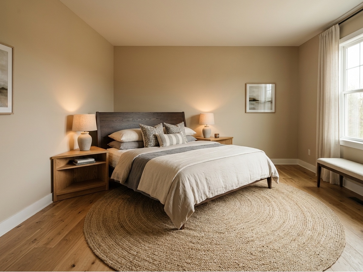 Master bedroom with king bed placed at a bold 45-degree diagonal angle  in a corner, circular rug and triangular nightstands on each side