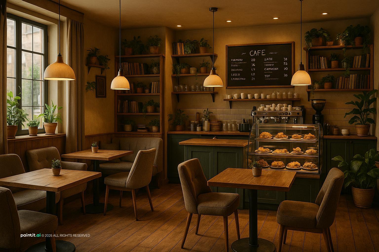 Cozy cafe interior with compact seating and warm lighting