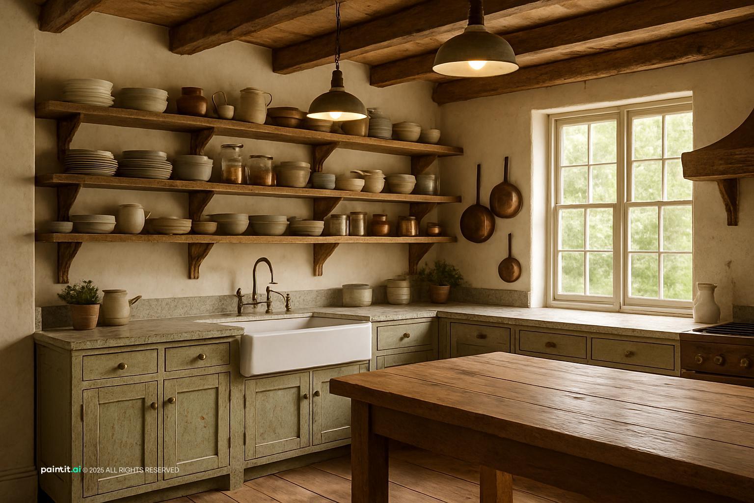 Rustic Farmhouse Kitchen Featuring Open Shelving . Warm Earthy Color Palette with Shades of Cream, S for Pacific Northwest Interior Design Style