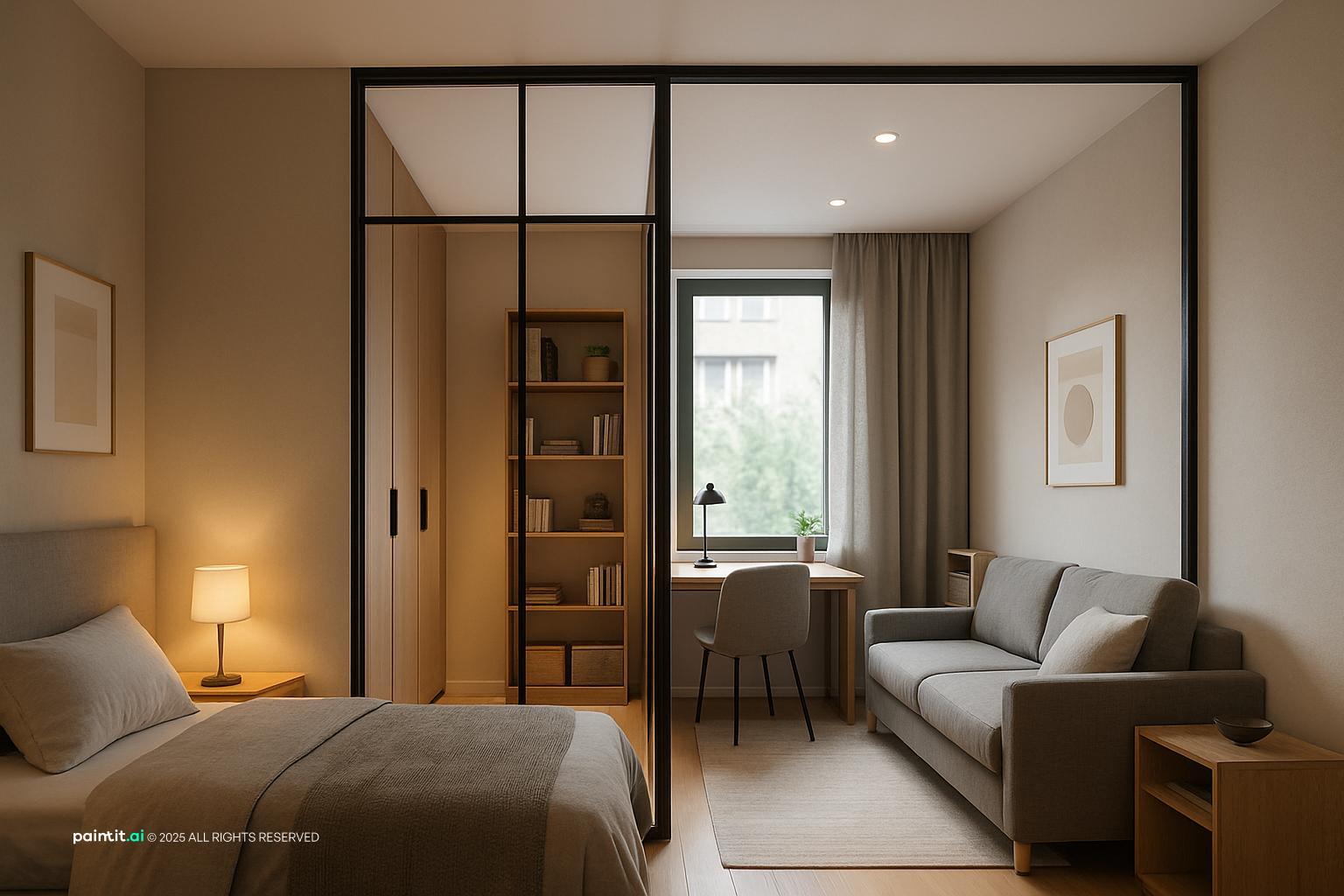 Compact condo with soft room division between living and sleeping zones