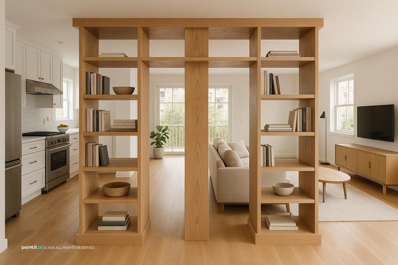 Apartment space connecting kitchen and living room with wooden shelves, perfect for wine living room ideas.