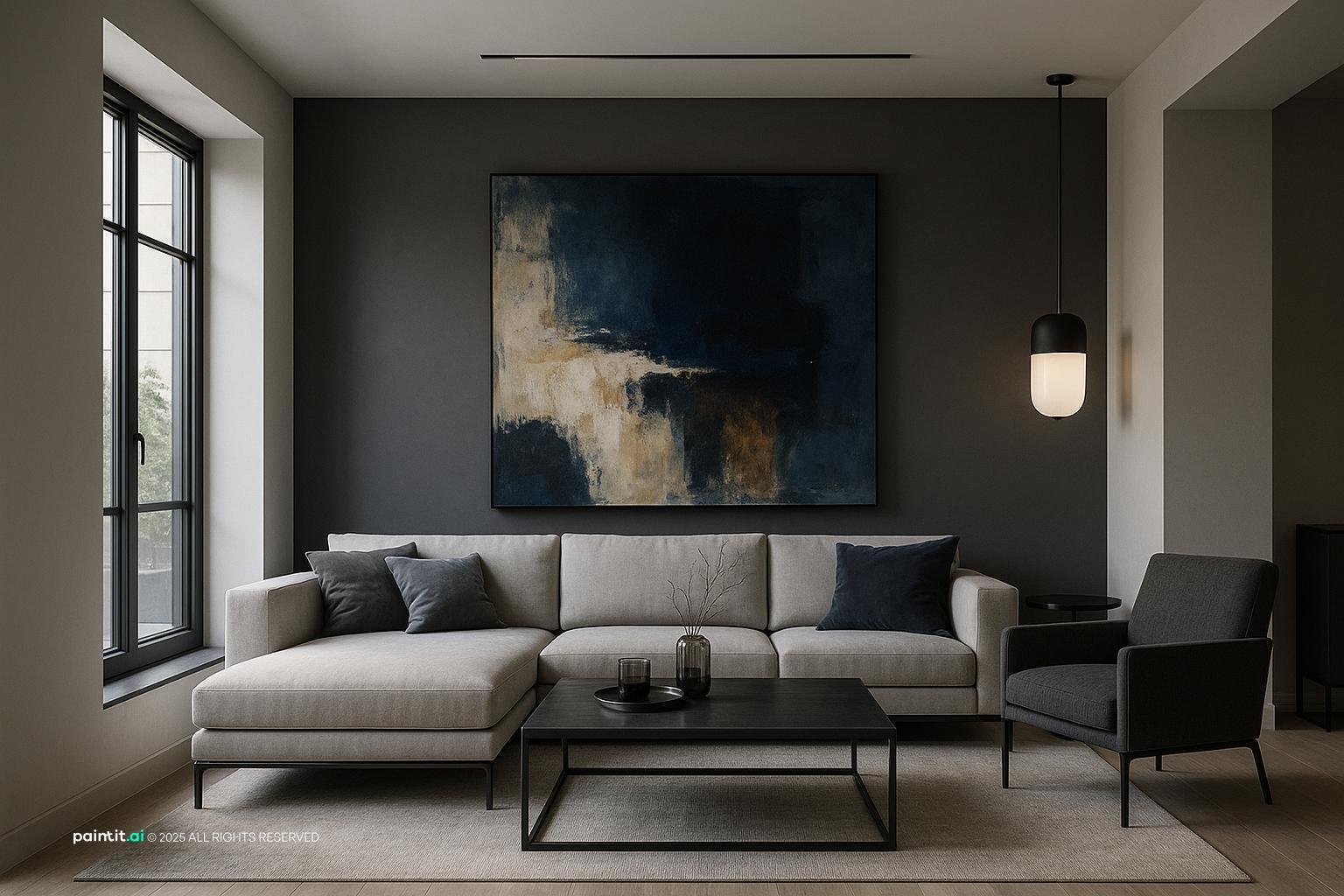 Navy and Grey Living Room Ideas with Grey Palette and Navy Contrast View 5 showing grey palette, navy contrast, metal accents for Navy and Grey Living R...