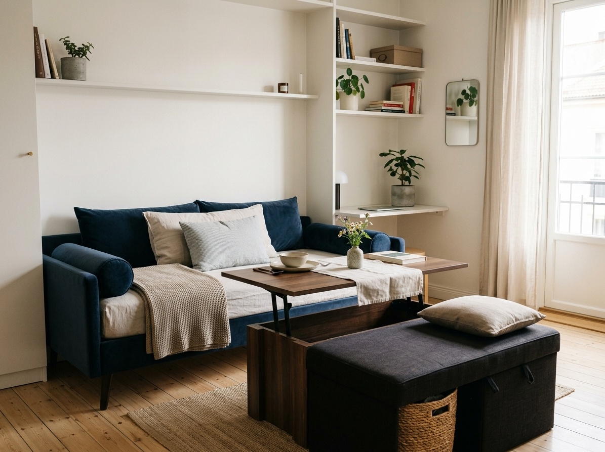Studio apartment with multi-functional furniture — daybed sofa, lift-top coffee table raised to dining height, and storage ottoman