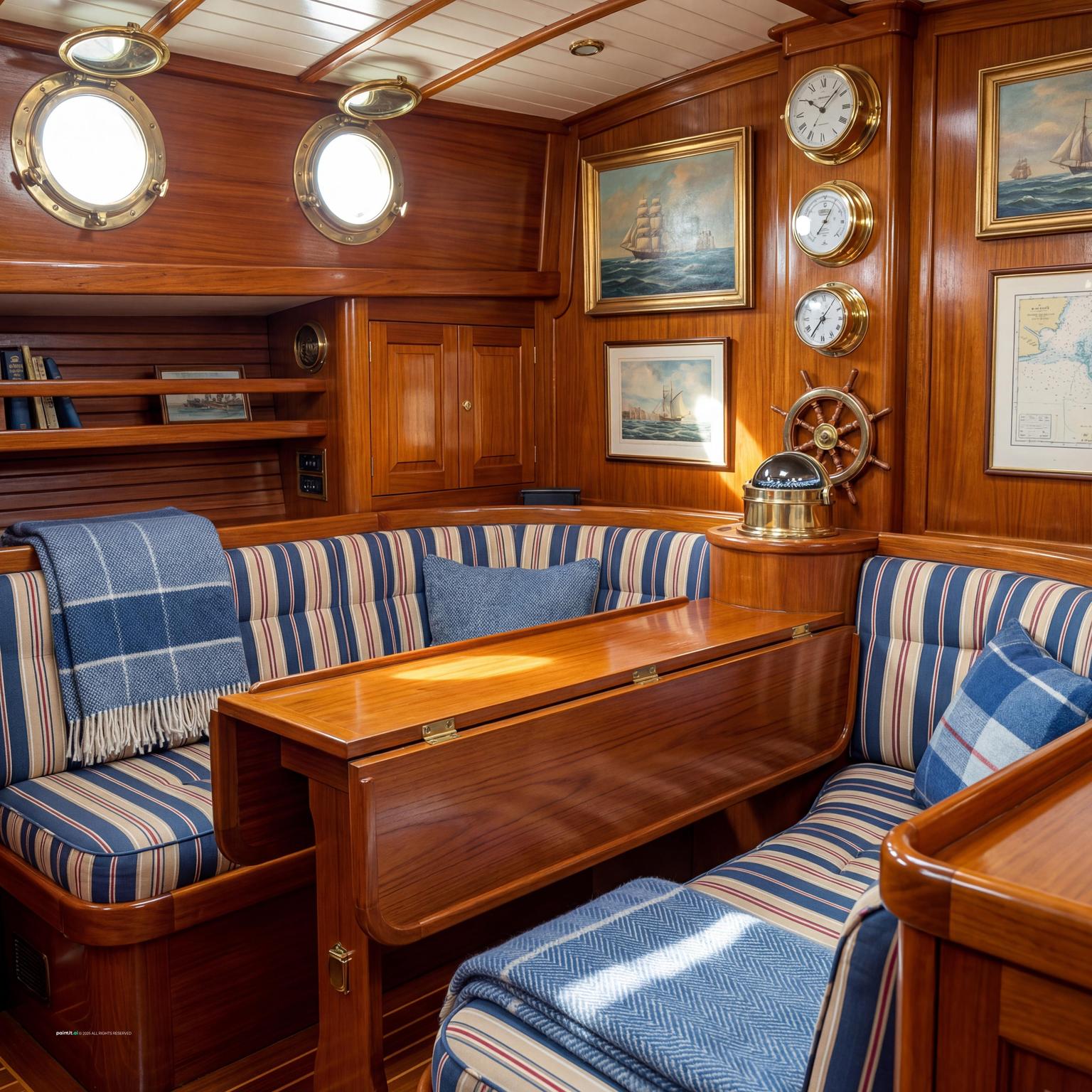 Classic small boat cabin interior with wood storage and compact seating