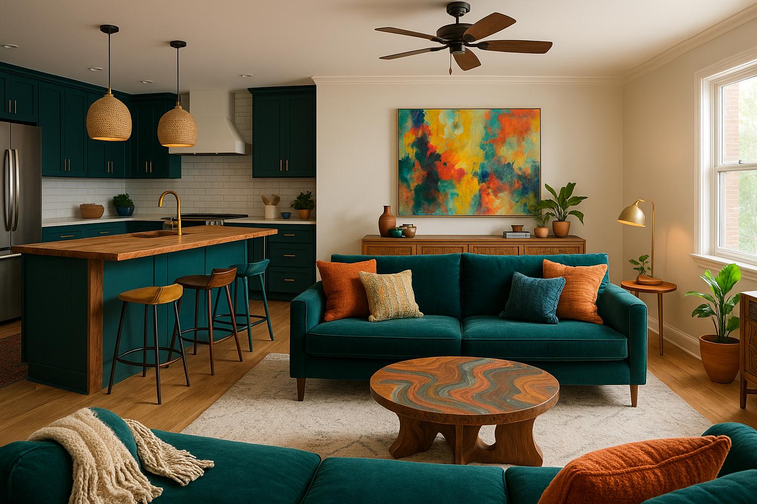 Eclectic open-plan living room with jewel tones and comfortable seating, perfect for wine living room ideas.