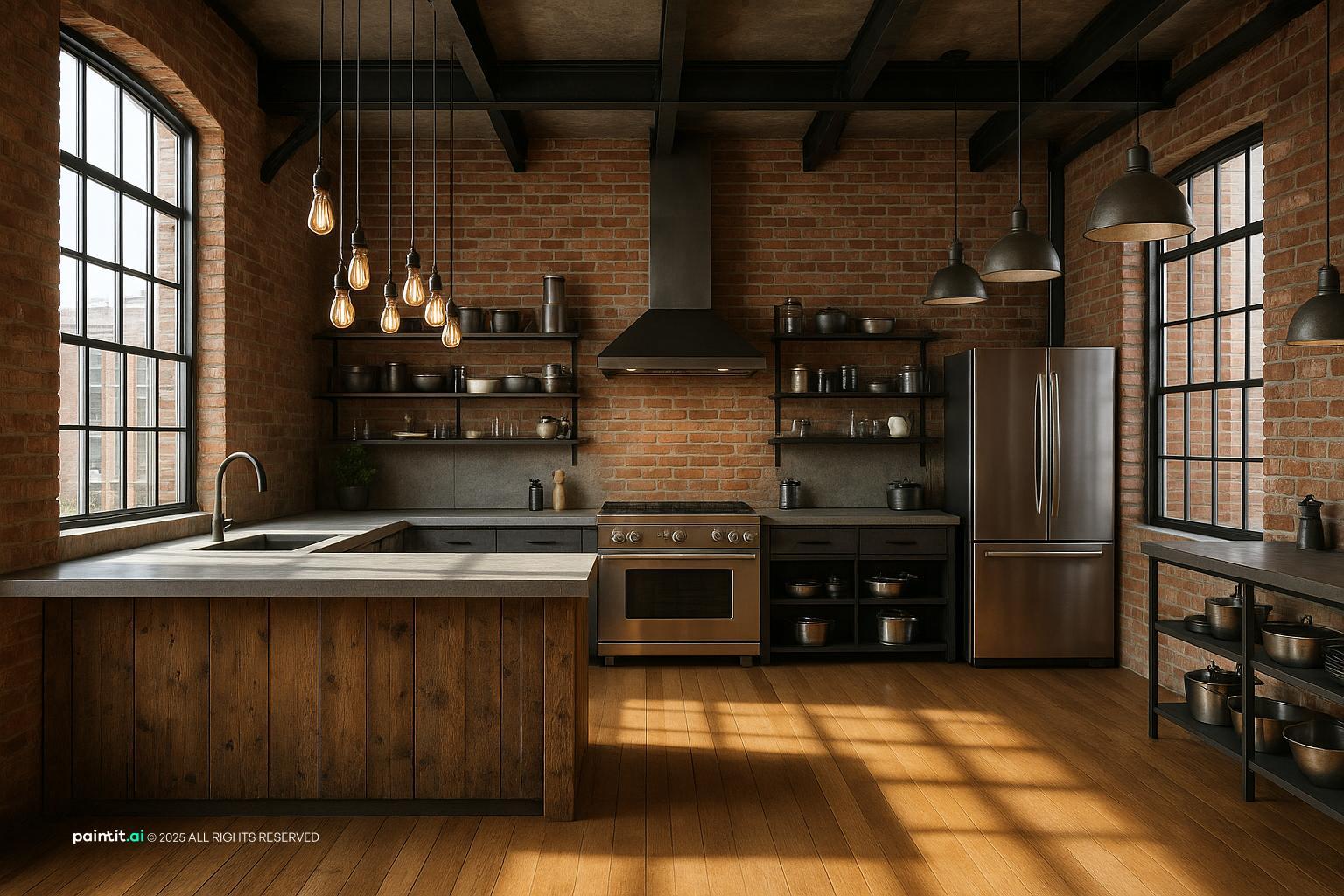 Stunning Industrial Loft Kitchen with Layered Materials for Loft Style Interior Design