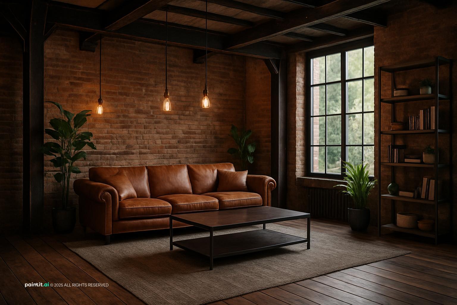 Industrial living room with a cognac leather sofa, exposed brick and Edison bulbs