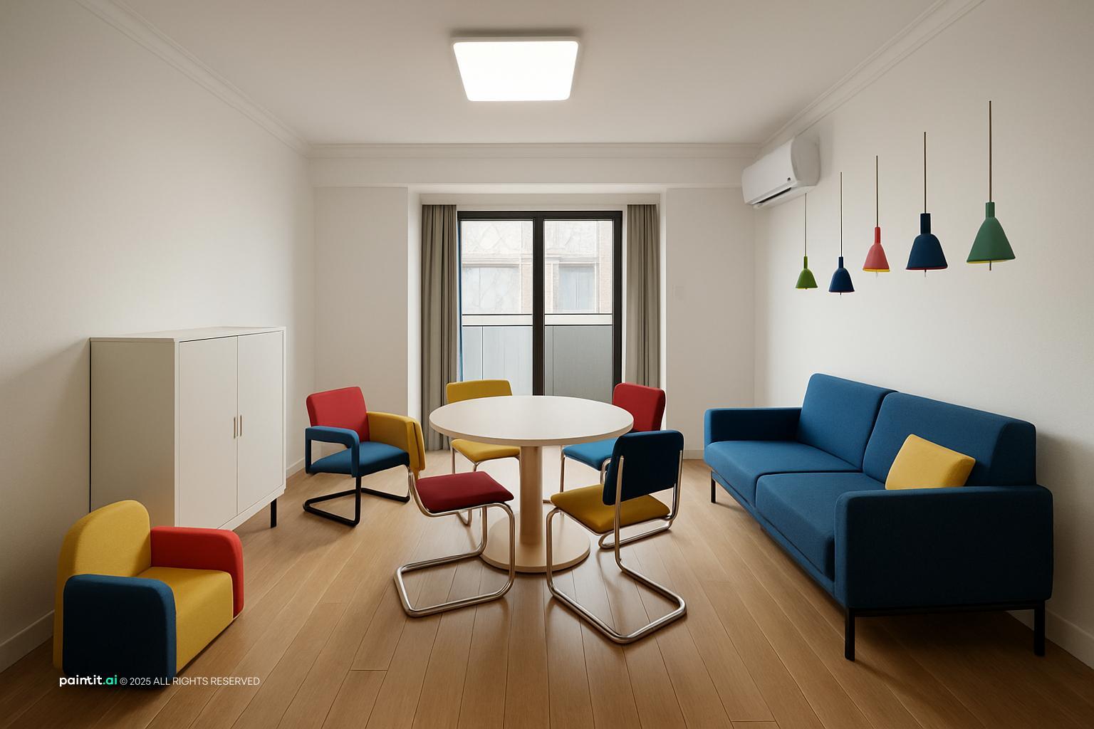 Room with red, yellow and blue chairs, a blue sofa and colored pendant lights