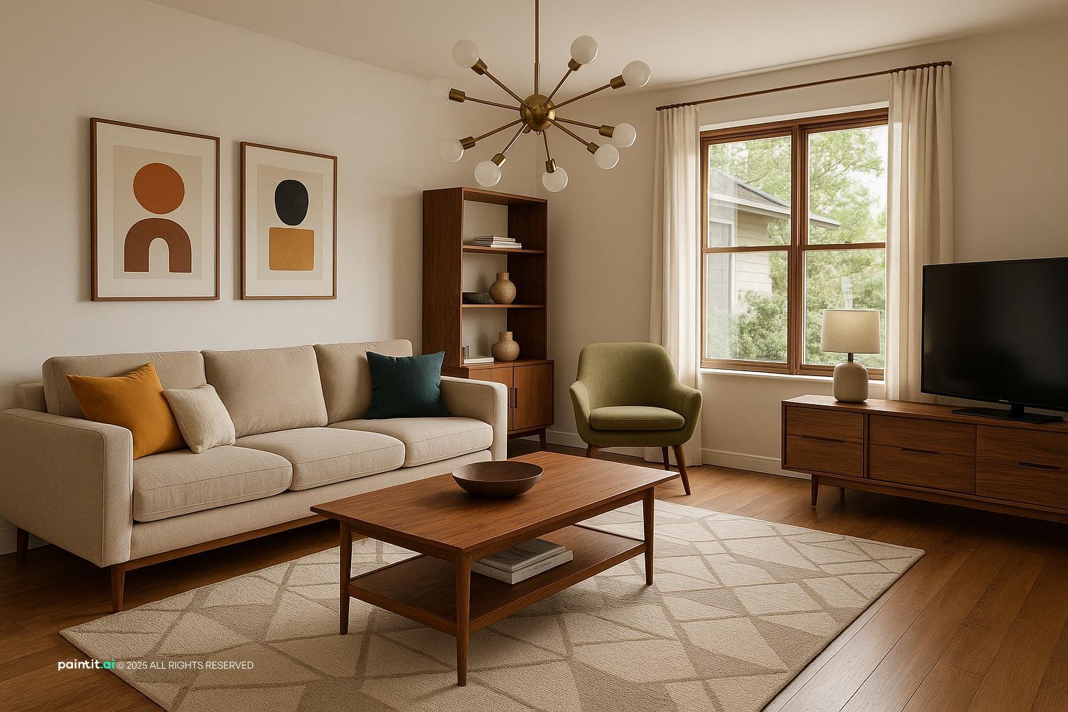 Stylish Mid-Century Modern Living Room Design showing warm wood, clean-lined furniture, layered neutrals for Big Living Room Ideas.