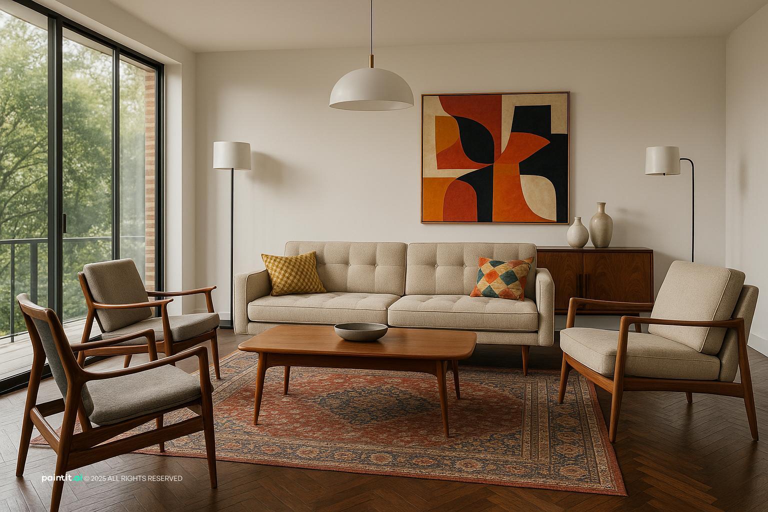 Mid-century living room with teak lounge chairs, a cream sofa, an abstract print and a red patterned rug