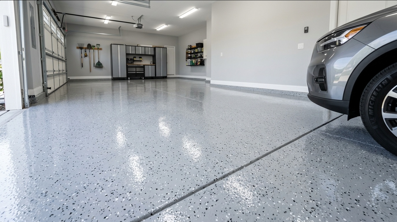 clean 2-car garage floor finished in light gray gloss epoxy with decorative color flakes